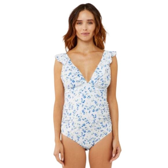 A Pea in the Pod Ruffled Maternity One Piece Floral Swimsuit Medium Blue L NWT - Picture 4 of 8